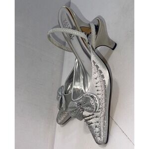Valenti Franco Silver Formal Rhinestone Beaded Bow Slingback Heels Size 10
